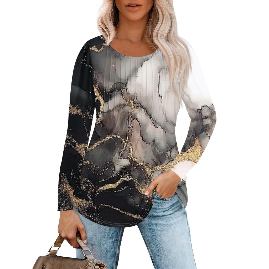 Женская модная повседневная плиссированная футболка с круглым вырезом и принтом, с длинным рукавом