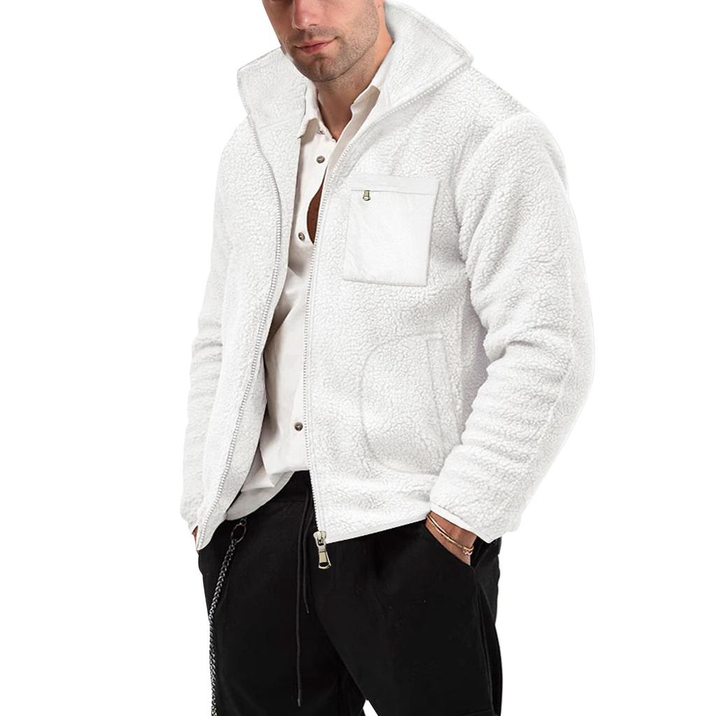 Men's Winter Solid Color Zipper Stand Collar Jacket Men's Casual Fleece Jacket