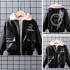 Children's Fleece-lined PU Leather Motorcycle Jacket - Autumn/Winter Outerwear for Big Boys