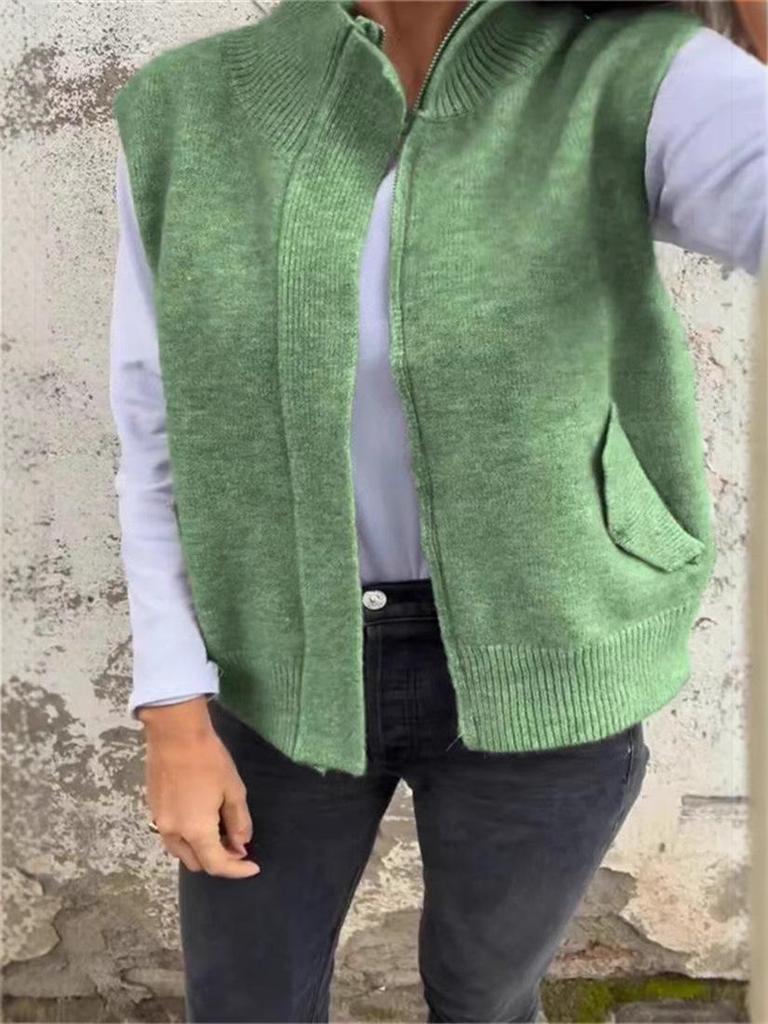 European and American Women's Autumn/Winter Stand Collar Zipper Sweater Vest - Loose Knit Casual Cardigan