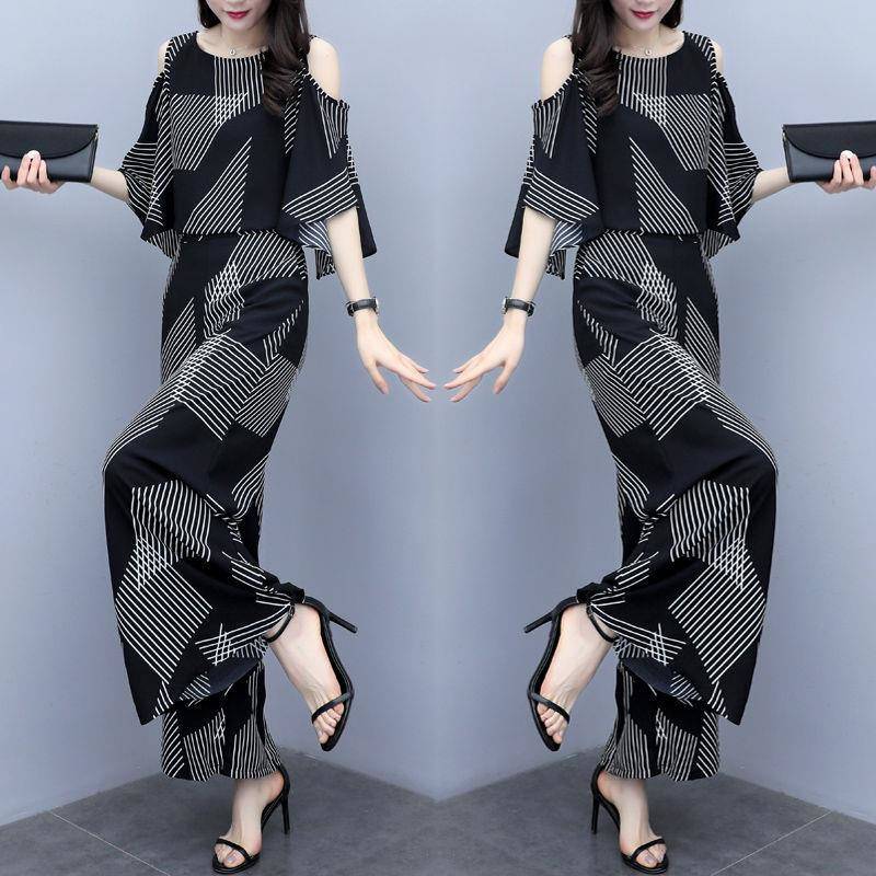 Женский костюм, летние брюки из двух предметов, свободная блузка с цветочным принтом, широкие брюки, повседневный костюм, темпераментный элегантный милый милый шифоновый костюм