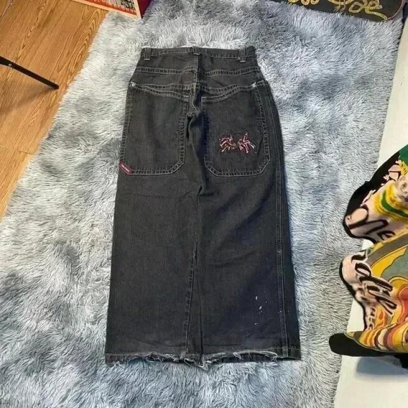 Mens Y2K Harajuku Hip Hop Streetwear Loose Fit Black Denim Jeans With Cartoon Embroidery