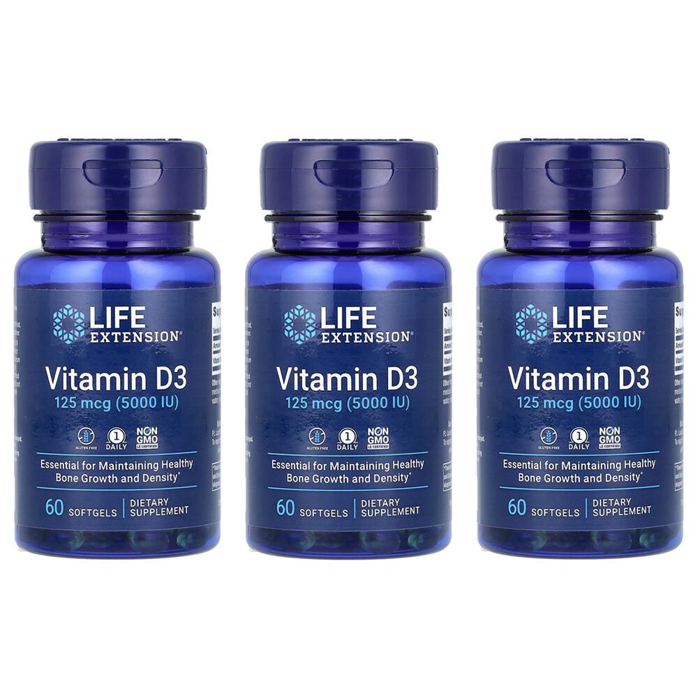 Life Extension Vitamin D3 125mcg (5000 IU) Softgels, 60 Count (3-Pack)