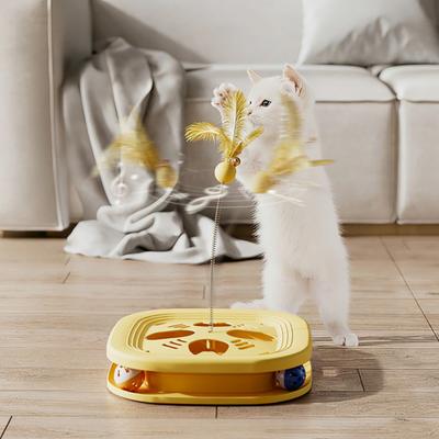 Интерактивная игрушка для обогащения кошек Коробка-лабиринт для кошек с шариками на треке, дразнилкой-перьями, многофункциональная игрушка-головоломка для развлечения домашних кошек