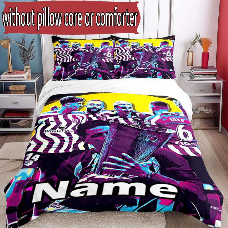 3pcs Duvet Cover Set (1*Duvet Cover + 2*Pillowcase, Without Core), Custom Name Atletico Madrid Pattern Bedding Set, Home Bedroom Decor Gift