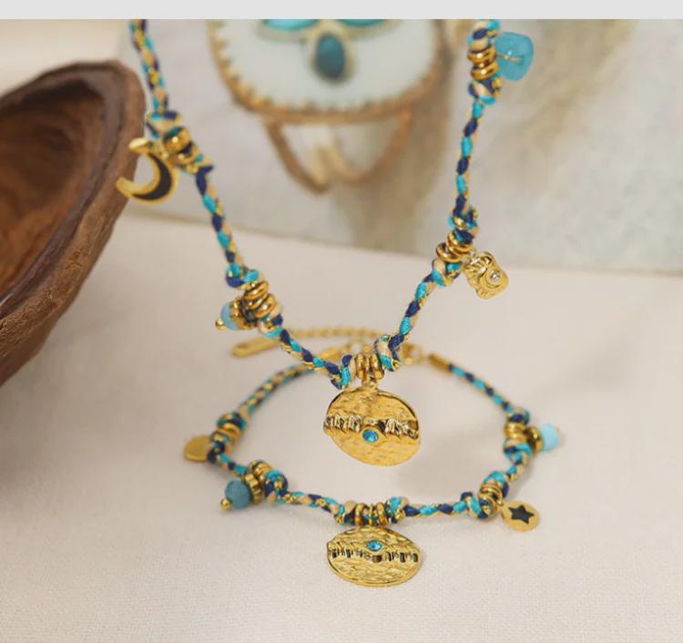 Bohemian French Retro Jewelry Set: Colorful Cotton Rope Necklace & Braided Bracelet