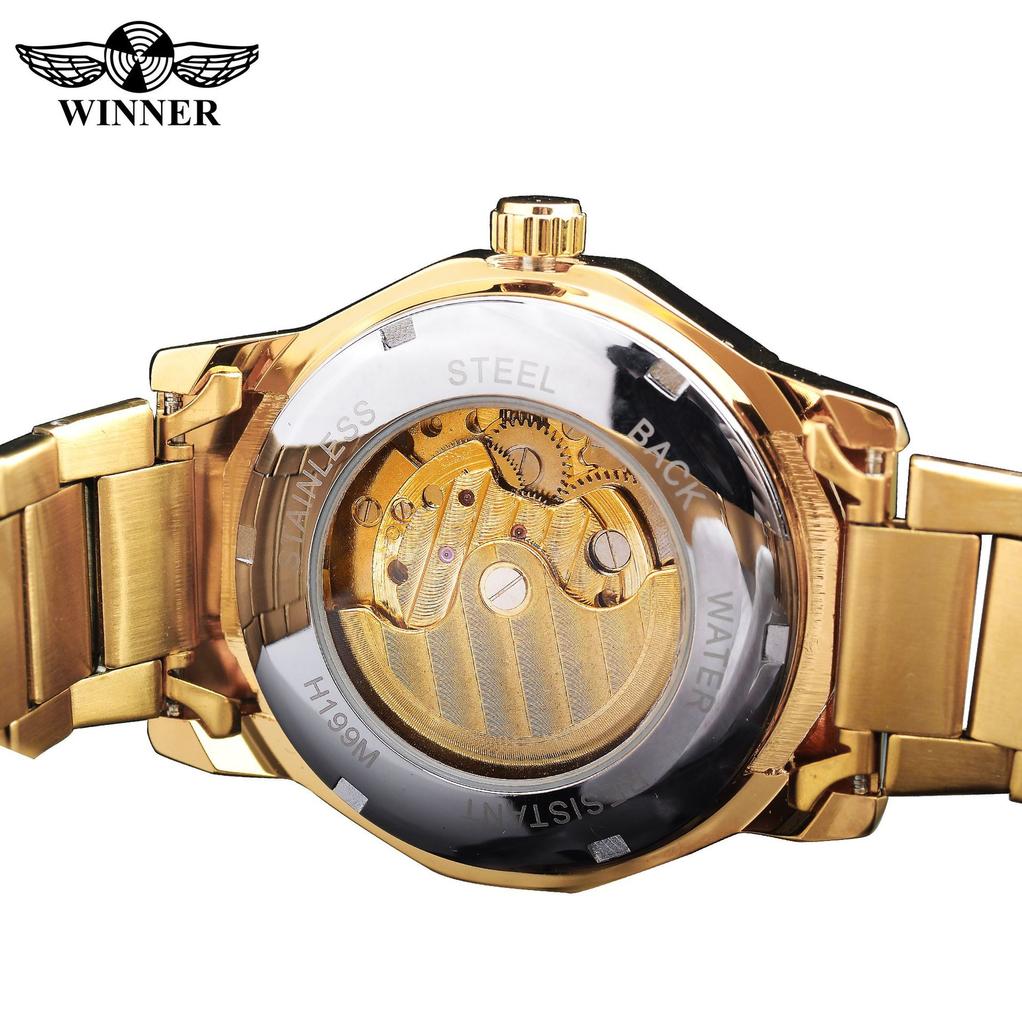 Полигональные мужские механические часы Fashiona Hollowed Out Automatic Watch из нержавеющей стали Skeleton Wristwatches Gold Color Relojes