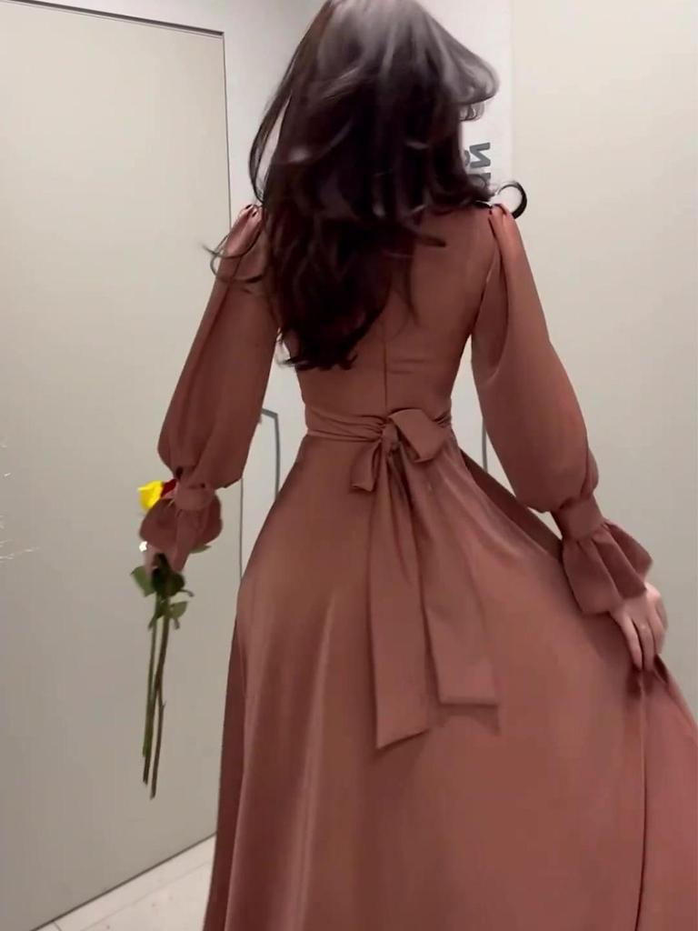 2025 Весна Атласное Элегантное Женское Платье с Длинными Рукавами и Талией