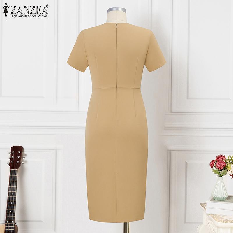 ZANZEA Женские элегантные платья с круглым вырезом и коротким рукавом