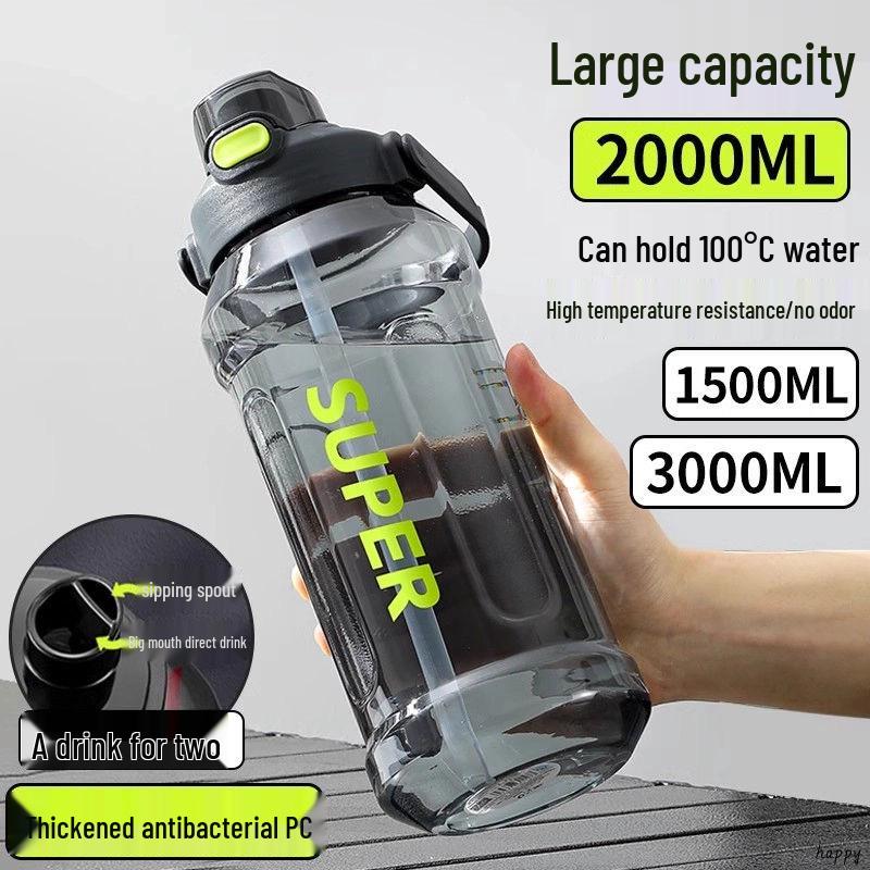 2L Trendy Leak-Proof Sports Water Bottle with Straw and Scale - Large Capacity, Portable, Durable