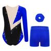 Girls Rhinestone Color Block Asymmetrical Leotard Round Neck Gymnastics Skating Outfit Set