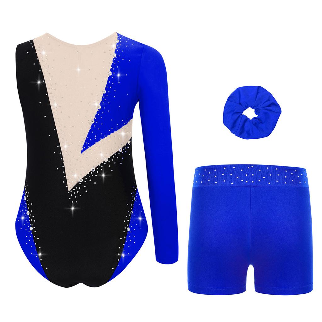 Girls Rhinestone Color Block Asymmetrical Leotard Round Neck Gymnastics Skating Outfit Set