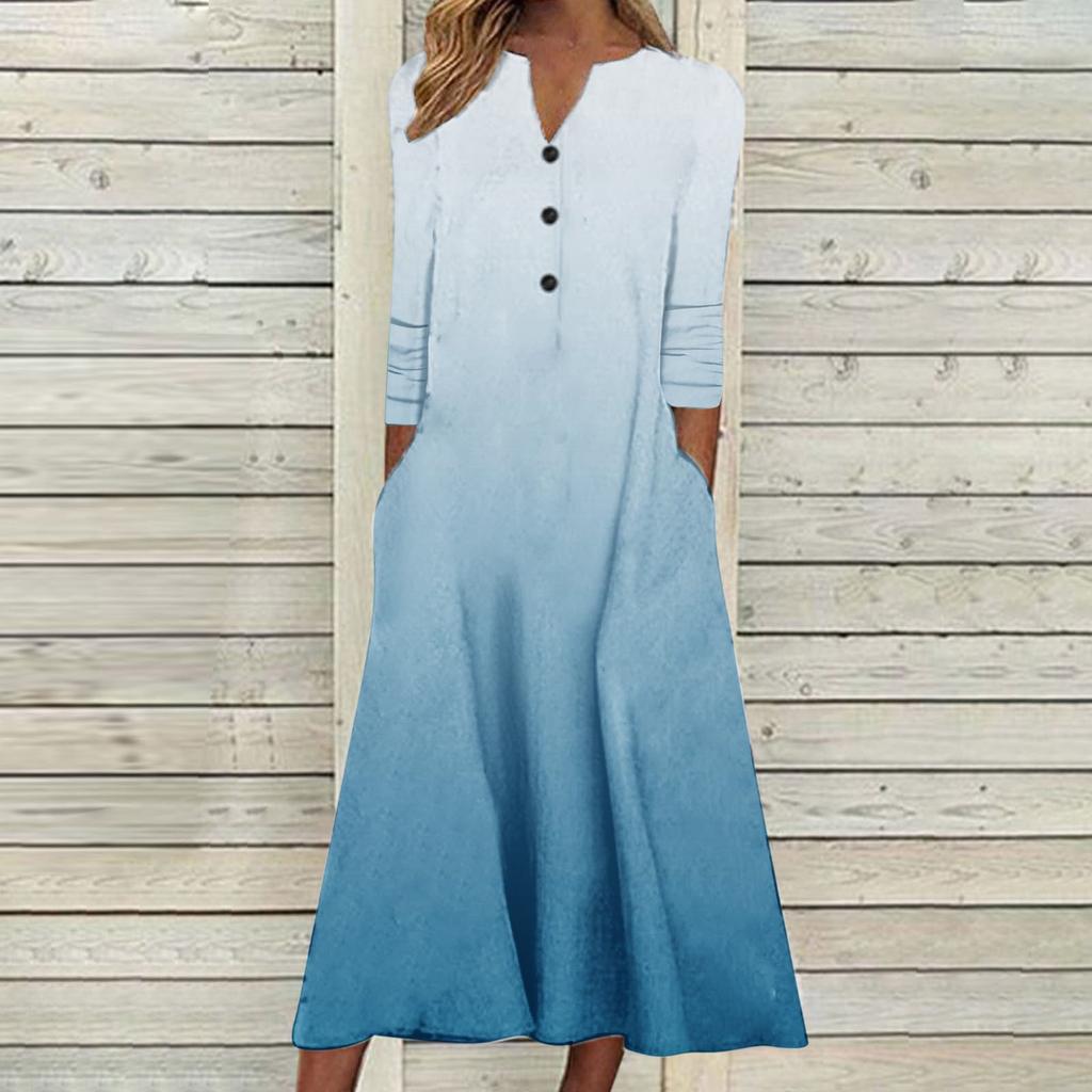 Women's Autumn And Winter Dress Women's Casual Printed Tube Top V-Neck Button Long Sleeve Swing Dress