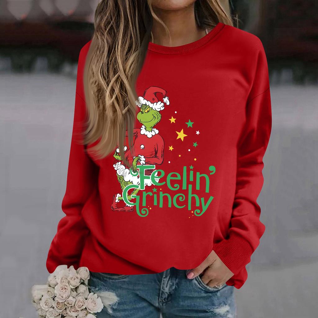 Women's Fashion Casual Long Sleeve Solid Color Christmas Printed Round Neck Top Sweatshirt
