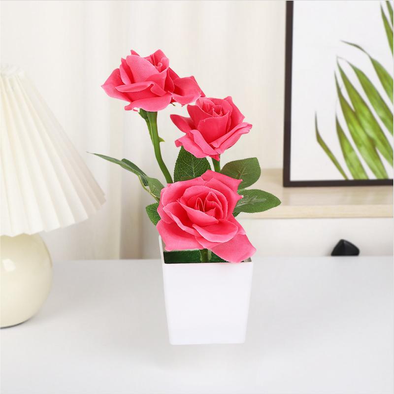 3 Head Artificial Rose Flower Bonsai Fake Plants Plastic Potted Plant Home Desktop Artificial Decor Living Room Ornament