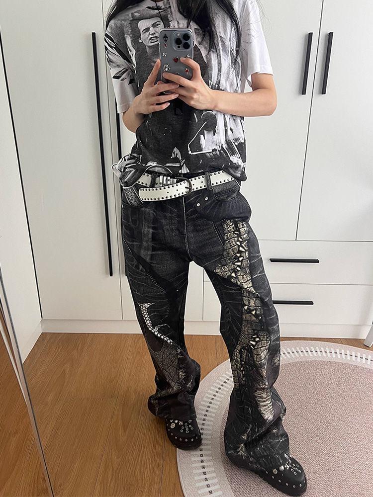 ZYLLO Американские Ретро Прямые Джинсы с Принтом Питон Y2K Мода Уличный Стиль Горячие Девушки Свободные Харадзюку Повседневные Джинсы с Высокой Посадкой и Широкими Штанинами