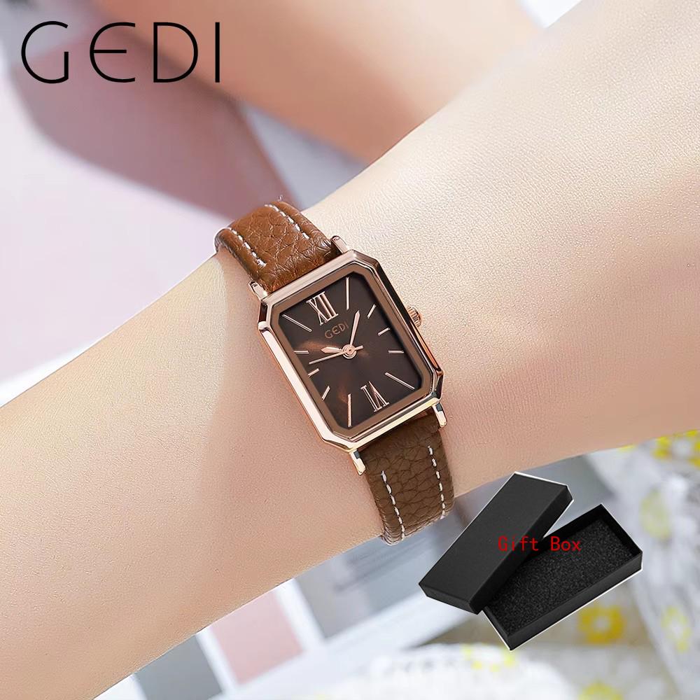 Fashion Gedi Top Brand Waterproof Rectangle Small Women Watches Vintage Coffee Leather Strap Casual Quartz Ladies Wrist Watches