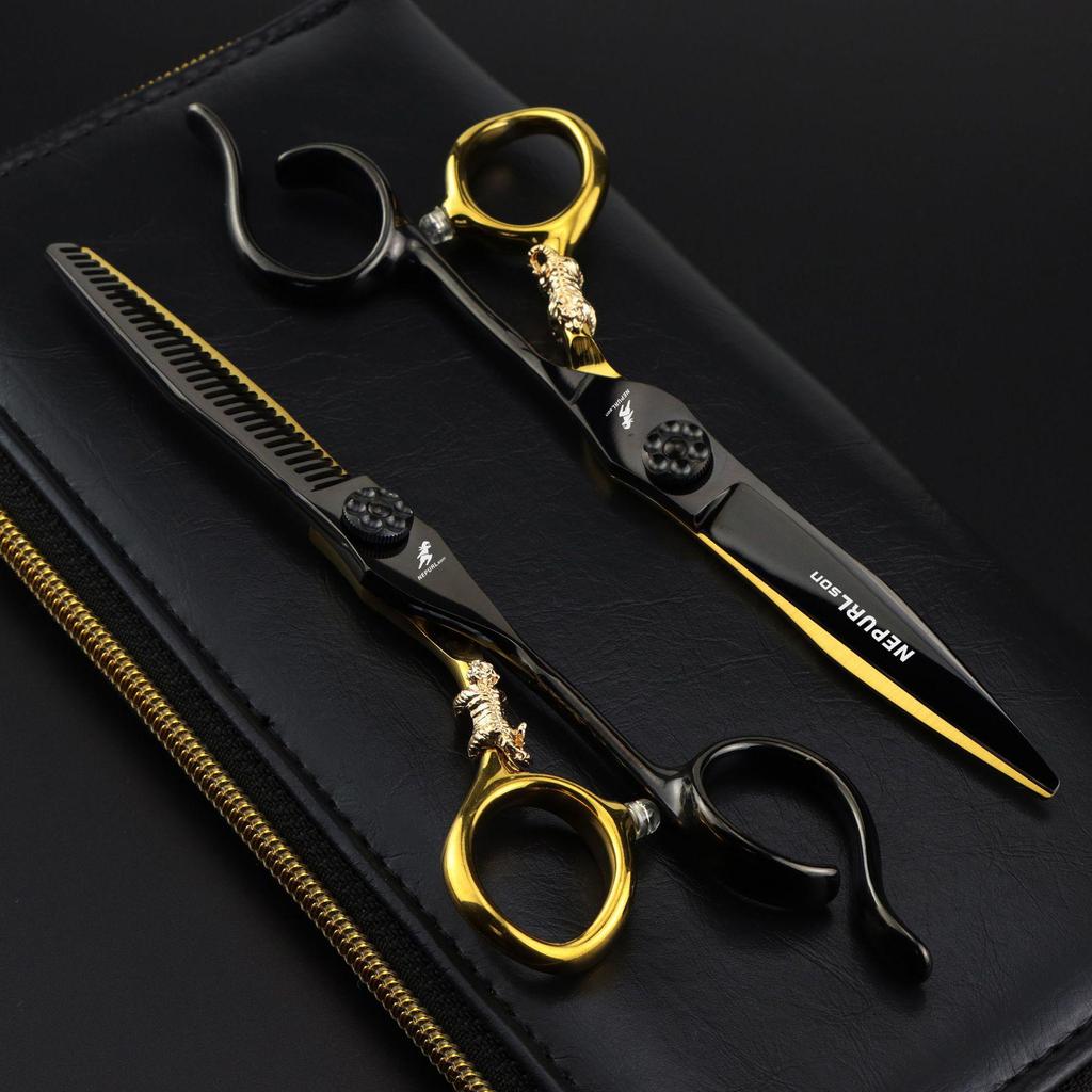 Black 6.0-inch Napson Steel Gold Tiger Bearing Hairdressing Scissors - Serrated & Thinning