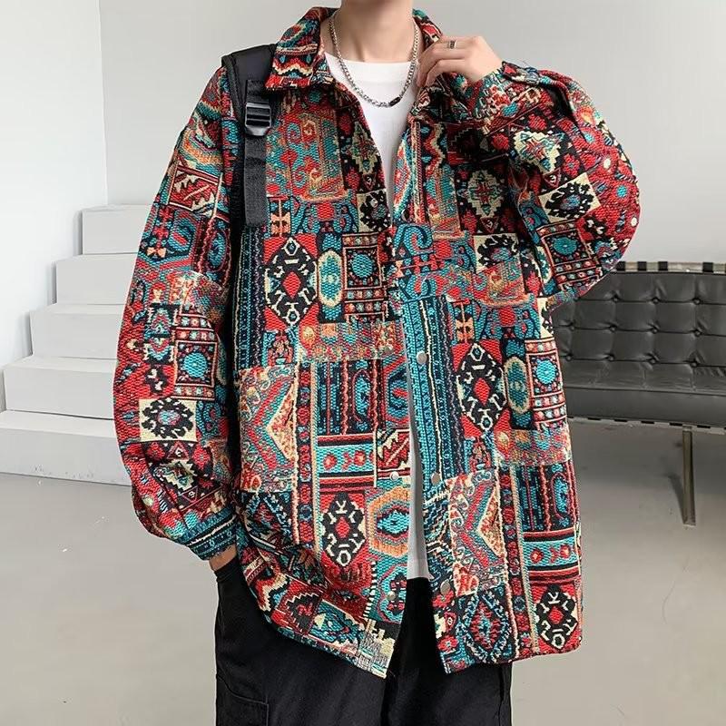 Men's Korean-Style Jacquard Casual Jacket - Autumn/Winter Ethnic Yarn-Dyed Loose Fit