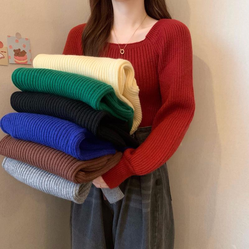 Высококачественный свитер с пышными рукавами и квадратным вырезом - Осенне-зимний приталенный универсальный топ