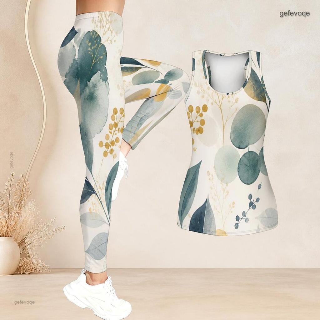 Women Plus Size Two Piece Set Scoop Neck Sleeveless Printed Tank Top Fitted Long Pants