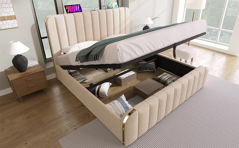 (=AB20024849B)Upholstered Bed, Headboard with Golden Stripes, USB Type-C Charging, 160*200 cm, Beige Linen Hydraulic Storage Bed (Without Mattress)