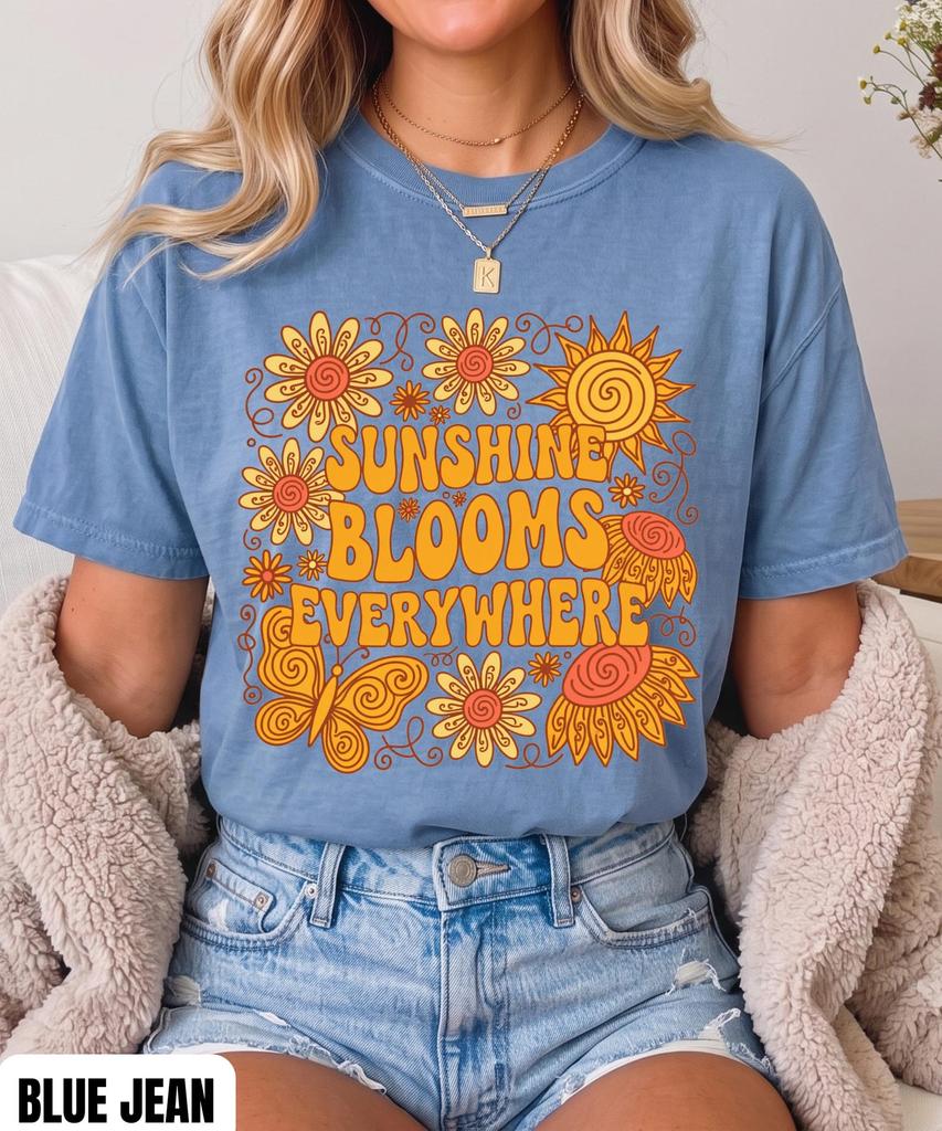 Sunshine Blooms Everywhere Shirt, Mental Health Shirt, Positive Vibes Tee, Self Care Gift, Retro Groovy Floral Butterfly T-Shirt