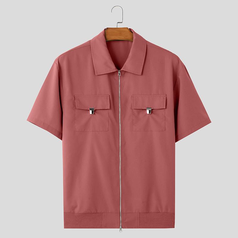 INCERUN Мужские повседневные рубашки-карго с воротником-лацканами и коротким рукавом на молнии