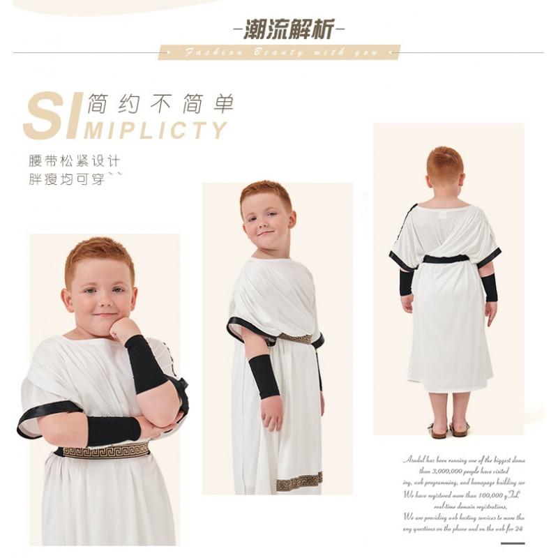 Greek Roman Mythology Warrior Costume Kids Boys Toga Dress Cosplay Outfit Short Sleeve White Performance