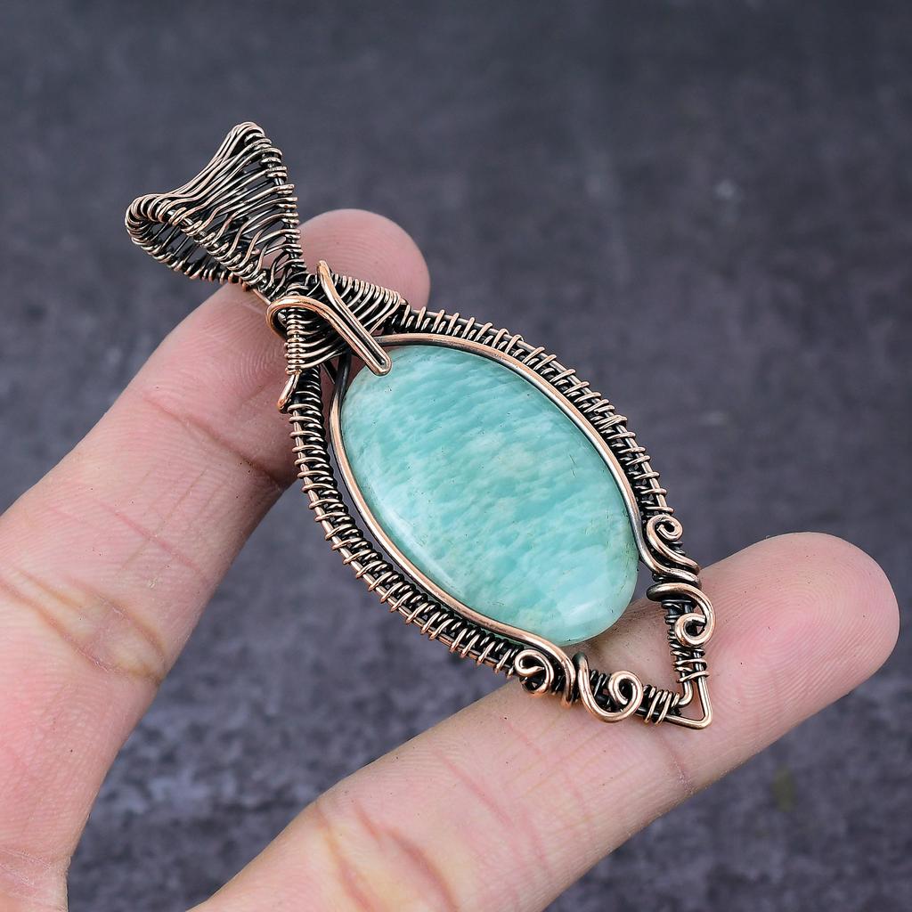 Натуральный Амазонит Камень Ручной Работы Медная Проволока Обмотка Подвеска Ювелирное Изделие 2.95" q8U81