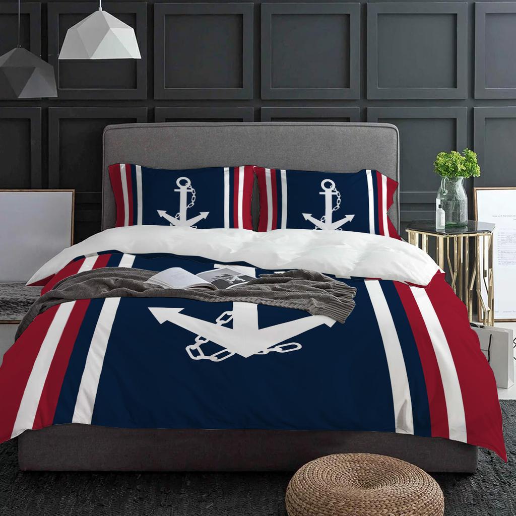 Вертикальная сине-красная полоса Белый якорь Пододеяльник с наволочкой На заказ 3 предмета Комплект постельного белья Покрывало Двуспальная кровать Домашний текстиль