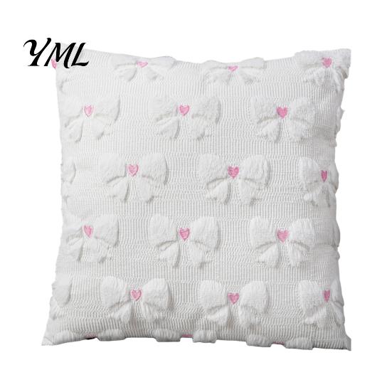 Decorative Throw Pillow Covers Plush Cover, Heart Embroidery Cushion Case with 3D Bowknot Jacquard, Holiday Party Atmosphere Decor Soft Fluffy