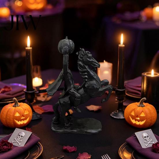 Spooky Holiday Landscaping Headless Horseman Holding Pumpkin Statue, Matte Black Halloween Resin Figurine, Decor Gothic Tabletop for