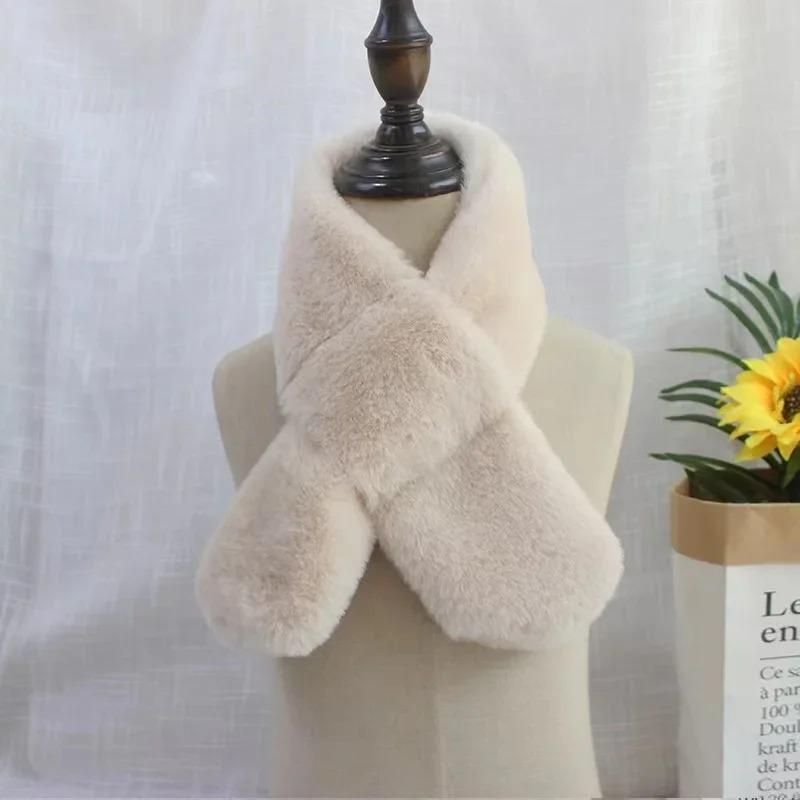 Детский зимний теплый утолщенный шарф с перекрестным воротником для мальчиков и девочек, однотонный искусственный мех кролика, плюшевый милый платок-шарф