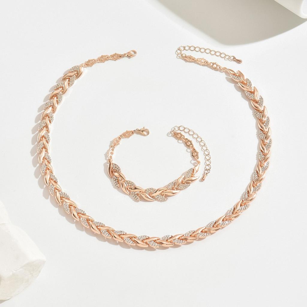European and American style diamond-embellished wheat ear chain set Necklace and bracelet two-piece set, light luxury hip-hop style women's