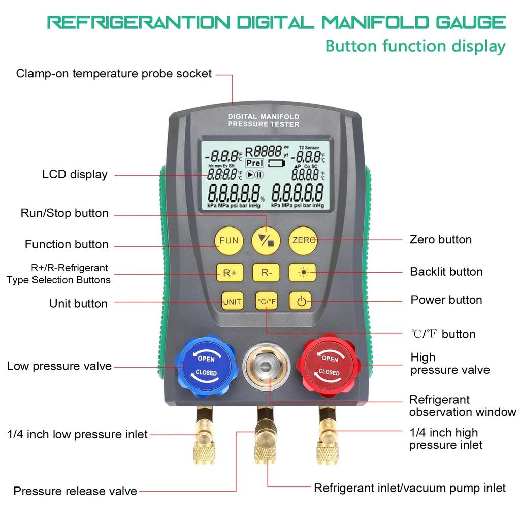 Pressure Gauge Refrigeration Digital Vacuum Pressure Manifold Tester Meter Temperature Tester Digital Manifold Gauge Meter Tools