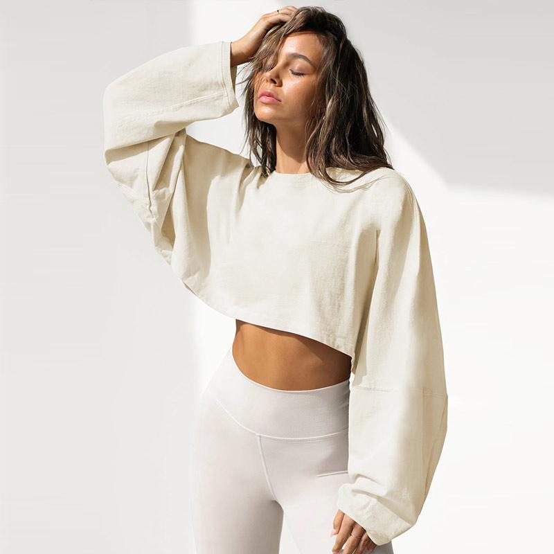 Свободный крой, круглый вырез, укороченный свитер, женская повседневная спортивная рубашка с длинным рукавом, осень-зима, однотонный короткий пуловер