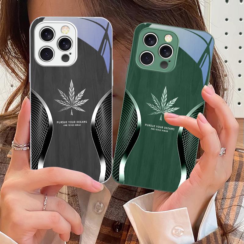 Golden leaf wood grain For IPhone 16 Pro Max 15 Pro 14 13 12 Mini 11 XS M ax XR 7 8 Plu SE 2022 Tempered Glass Phone Case