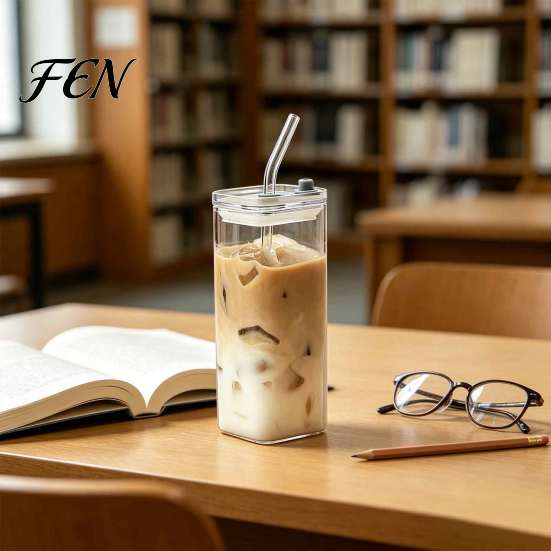Glassware Collection for Special Occasions Square Borosilicate Glass Cup with Lid And Straw, 350ml Capacity, Heat-Resistant Eco Friendly Tumblers