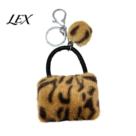 Key Ring with Pompom Leopard Print Plush Handbag Keychain, Mini Bag Pendant Pompom, Backpack Decorative Accessory for Women Girls Holder