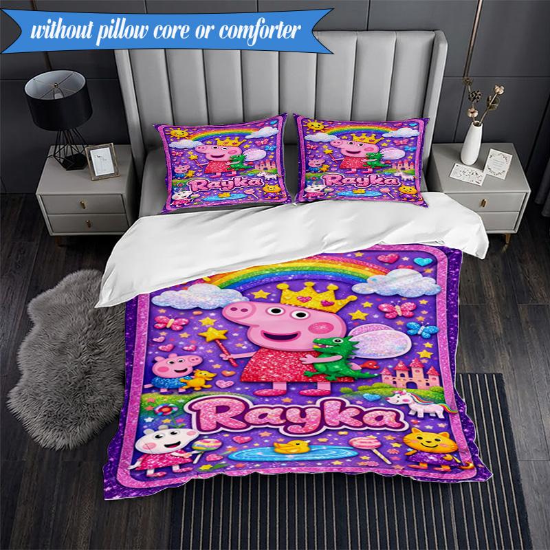 3PCS Princess Peppa Bedding Set 2D Printing (Includes 1 Duvet Cover + 2 Pillowcases Coreless), Bedroom decor,Fan gift