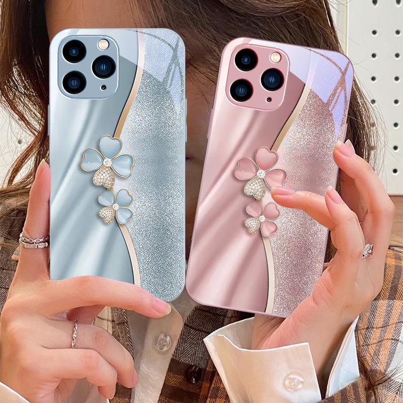 Роскошный чехол для телефона из закаленного стекла с четырехлистным клевером для iPhone 16 Pro Max 15 Pro 14 13 12 Mini 11 XS Max XR 7 8 Plus SE 2022