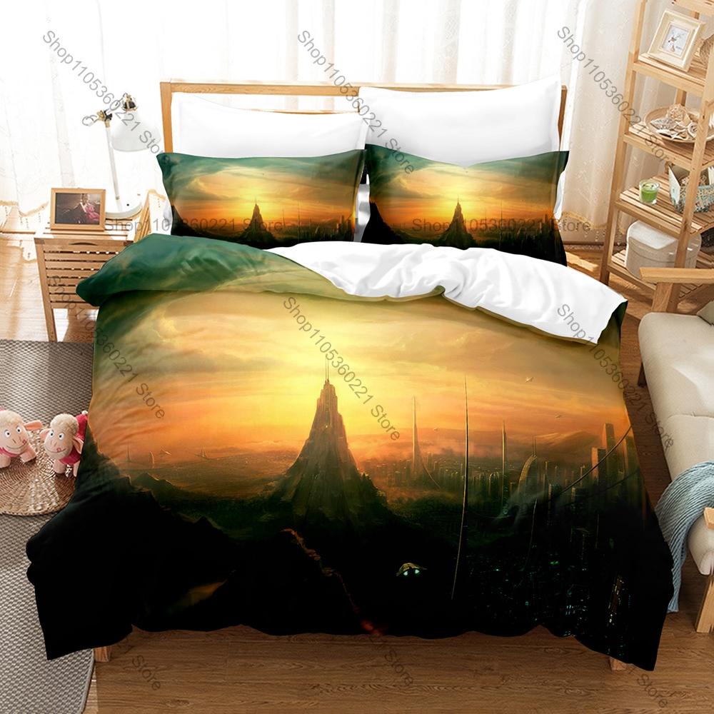 Futuristic Sci-Fi City Bedding Set, Duvet Cover and 2 Pillowcases, Modern Cyber City Pattern Breathable Fabric All Season Home