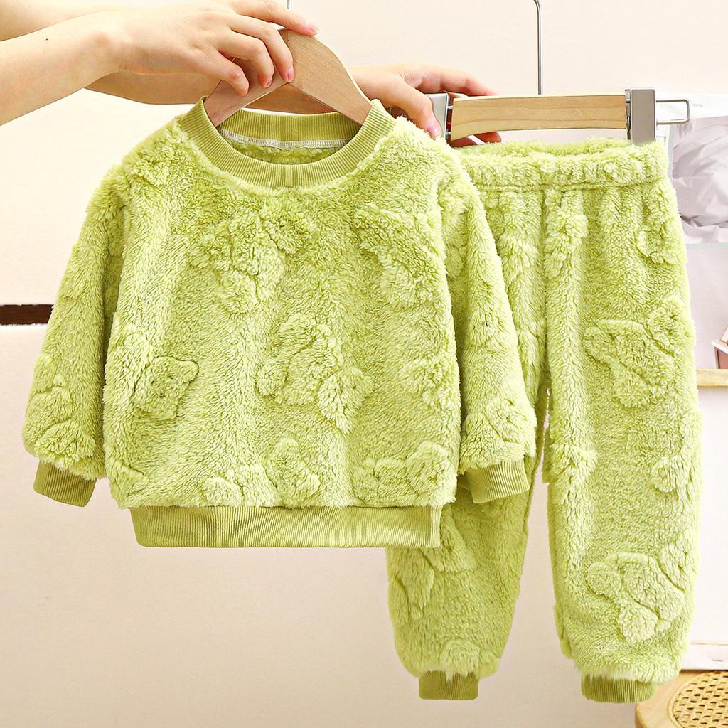Autumn Winter Kids Thicken Warm Flannel Pajamas Baby Solid Long Sleeve Sleepwear Boys Girls Casual Clothing Sets Pyjamas