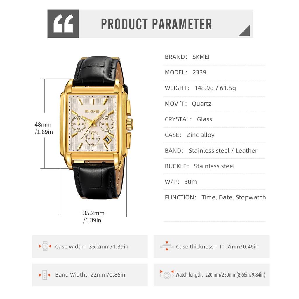 SKMEI Square Watch Black Leather Strap Stylish Arm Watch Chronograph Waterproof Brand Analog Business Casual Watch Luxury Gift Gold White Watch for
