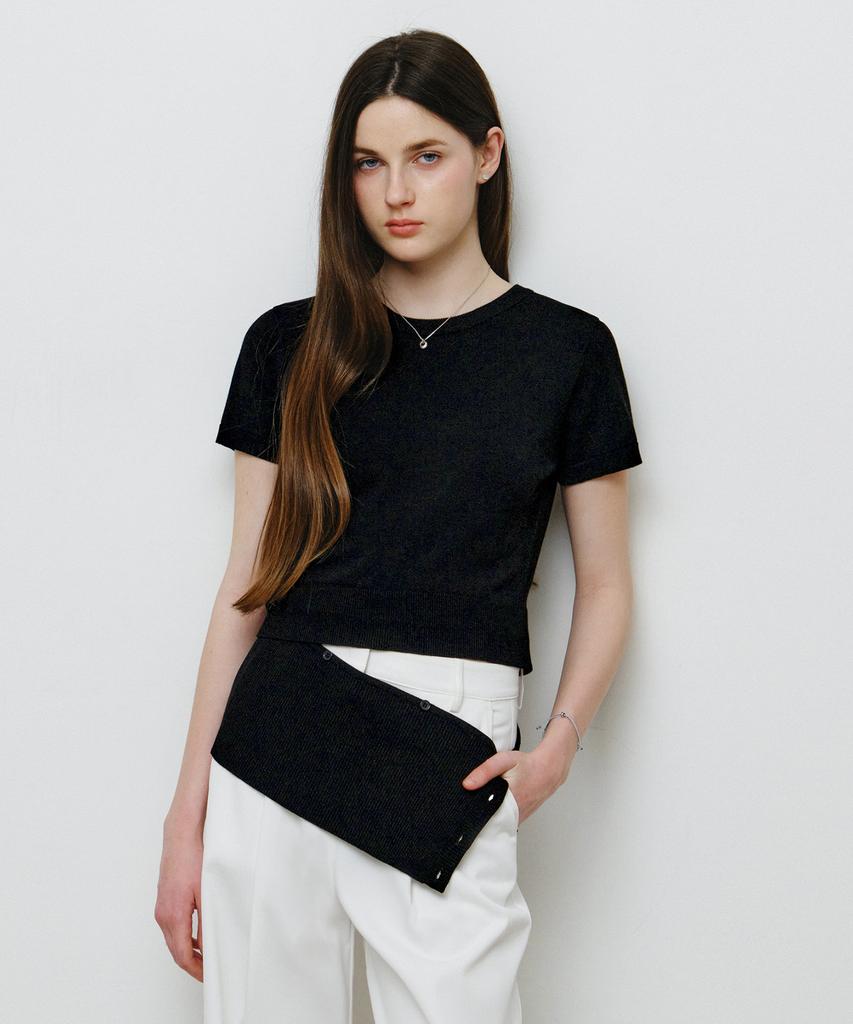 MONGDOL 2-Way Button Layered Round Neck Knit Black Mdkt133Black