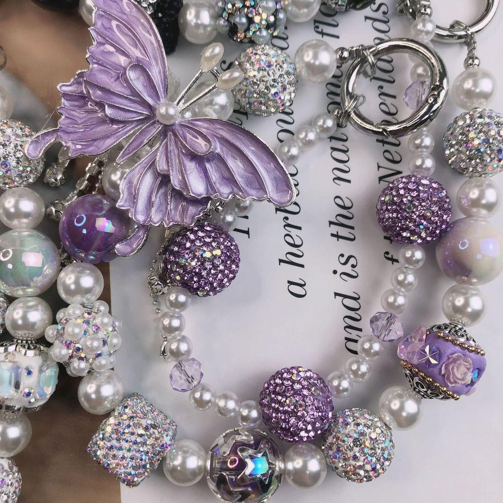 Glitter Butterfly Key Chain Double Layer Beads Bag Pendant Rhinestone Phone Chain  Backpack Pendant