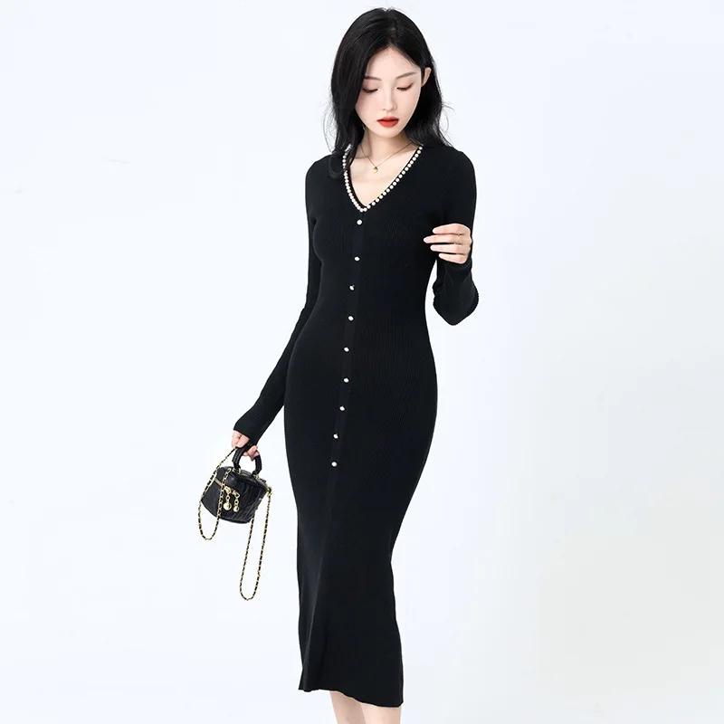 Elegant Women's Knit Dress Solid Color V Neck Beaded Fall Winter Women's Senior Sense Skirt 2025 Autumn Luxury Dress Sexy Dressses for Women Outfits