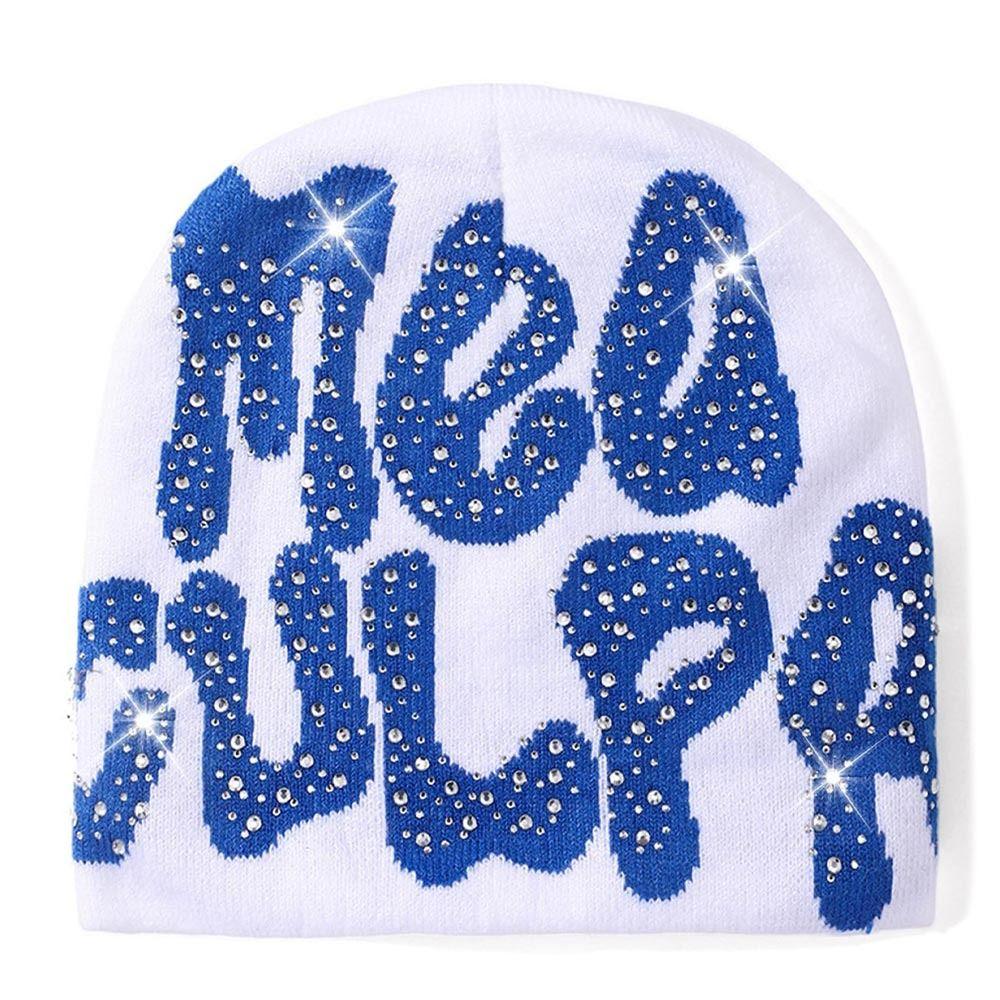Trendy Stretch MEA Culpa Beanies Hat with Rhinestone Warm Soft y2k Beanies Hats Knitted Hip-hop Hat for Women Men