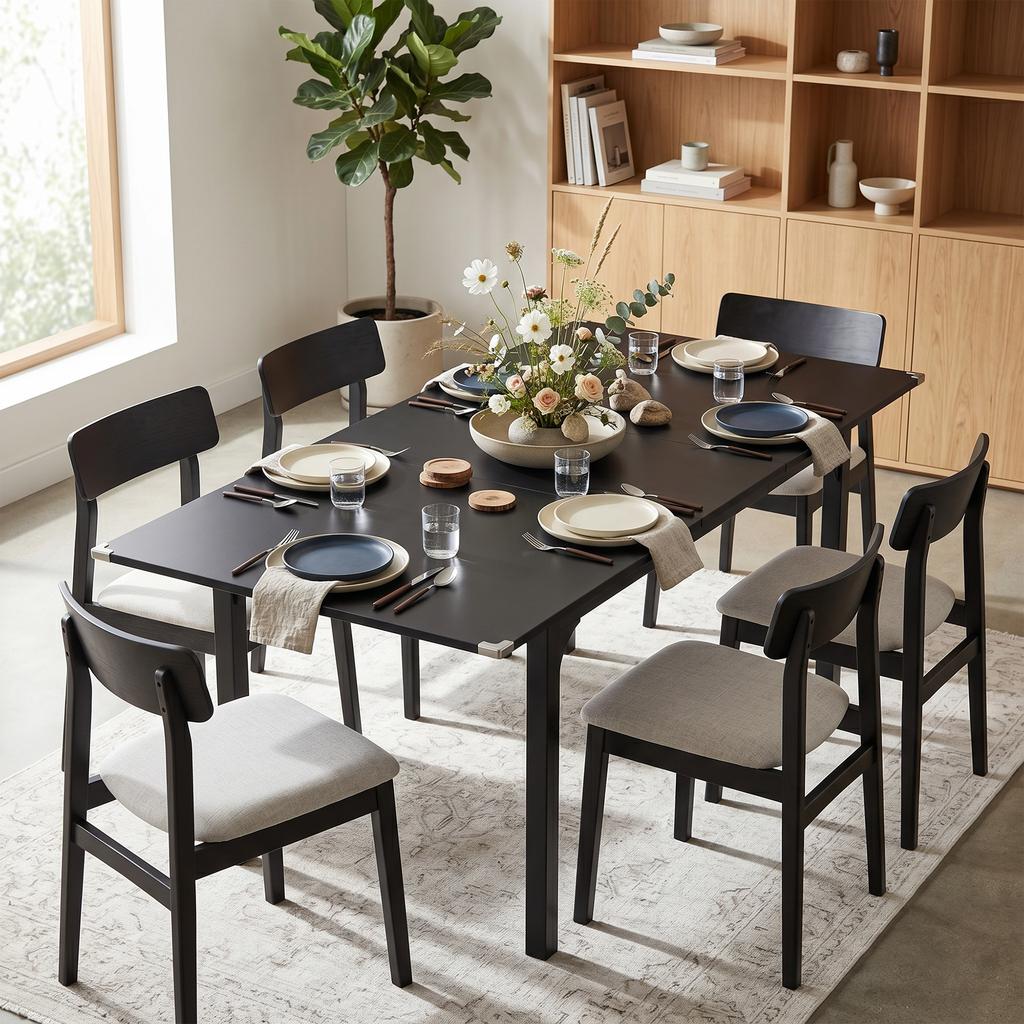Extendable Dining Table for 4 to 6 People, Steel Legs, for Small Spaces, Dining Room, Black